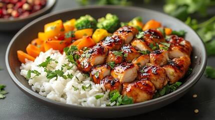 Delicious chicken fillet served with vibrant vegetables and fluffy rice, garnished with fresh herbs. Perfect for healthy meal inspiration and culinary delights.