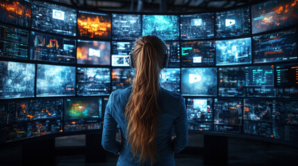A woman gazes at a social media interface, with blurred, empty background, representing the chaos of digital interaction and the void of connection in a modern, fast-paced world