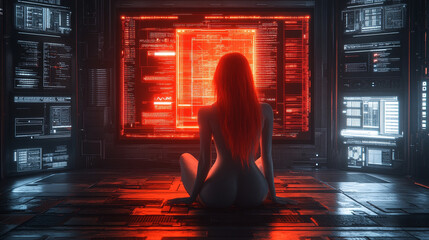 A woman gazes at a social media interface, with blurred, empty background, representing the chaos of digital interaction and the void of connection in a modern, fast-paced world