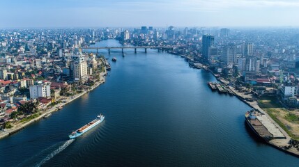 Obraz premium Aerial View of Can Tho City, Vietnam: River, Cityscape, and Cargo Ship