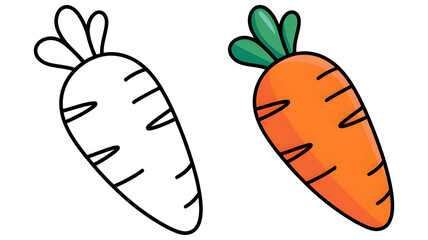 Carrot coloring page with a colored example in cartoon style for kids' activities, vegetable learning books, and creative fun, isolated on a white background sheet.