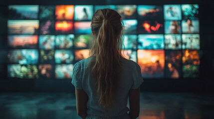 A woman gazes at a social media interface, with blurred, empty background, representing the chaos of digital interaction and the void of connection in a modern, fast-paced world
