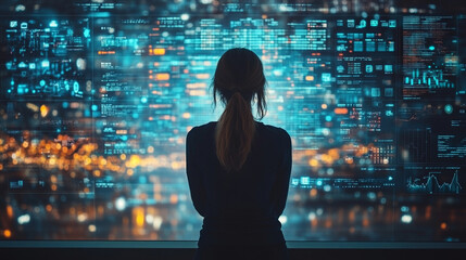 A woman gazes at a social media interface, with blurred, empty background, representing the chaos of digital interaction and the void of connection in a modern, fast-paced world