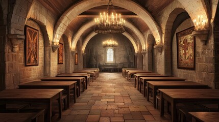 Fototapeta premium Majestic Medieval Hall with Long Wooden Tables and Chandeliers