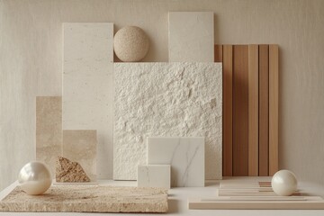 Beige stone, wood textures, neutral backdrop, design samples