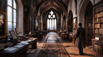 Fototapeta premium Majestic Gothic Library Interior with Rich Wood and Bright Windows