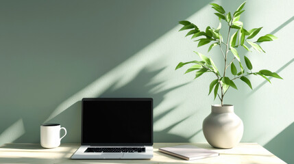 Minimalistic workspace with laptop, coffee mug, and plant on light wooden desk