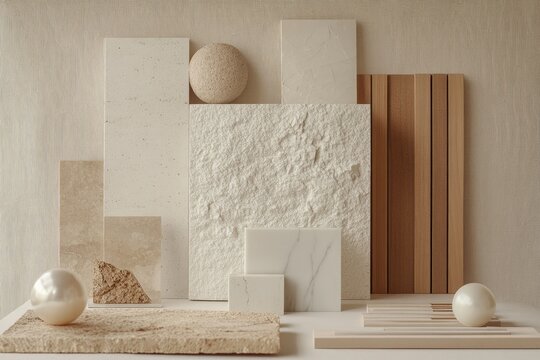 Beige stone, wood textures, neutral backdrop, design samples