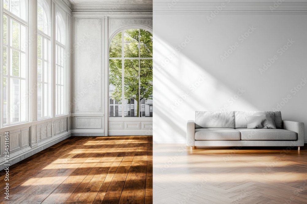Poster contrast of old dark interiors and bright modern design in a renovated room showcasing architectural