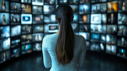 A woman gazes at a social media interface, with blurred, empty background, representing the chaos of digital interaction and the void of connection in a modern, fast-paced world