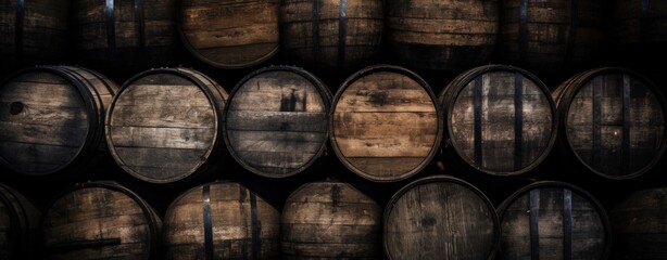 Old wooden whiskey, scotch, wine barrels stack in a warehouse. AI generated image