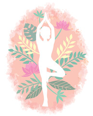 女性のヨガのポーズ。植物をイメージしたシルエット。ベクターイラスト素材。