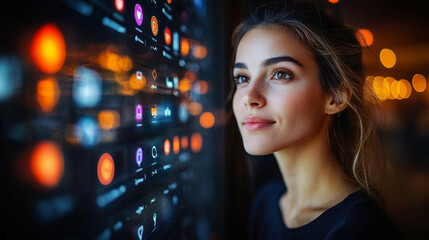 A woman gazes at a social media interface, with blurred, empty background, representing the chaos of digital interaction and the void of connection in a modern, fast-paced world