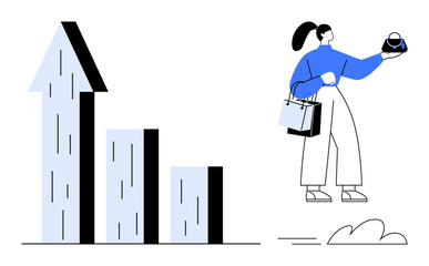 Woman with ponytail holding shopping bags and purse next to ascending bar graph with arrow. Ideal for consumer behavior, economic growth, retail trends, investment, personal finance, market analysis