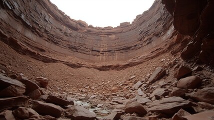 Canyon View from the Base Featuring Layers of Rock Formations and Red Barren Landscape