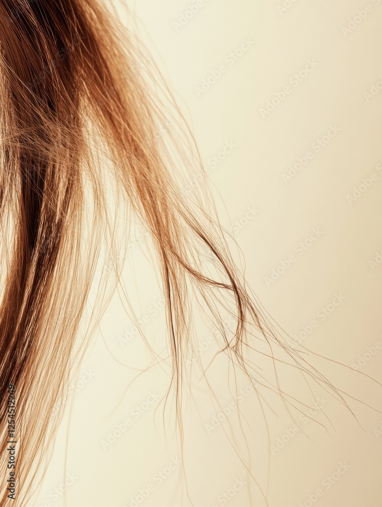 Aufkleber close up of a fragile broken hair strand against a pale background in natural light showcasing textu