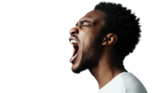 Young african american man shouting with transparent background
