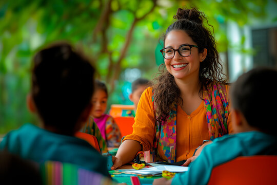 Smiling teacher in wheelchair teaching children in the classroom