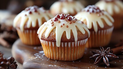 Delicious cupcakes drizzled with creamy icing and topped with decorative sprinkles. Perfect for celebrations, baking enthusiasts, or food photography showcasing sweet creations.