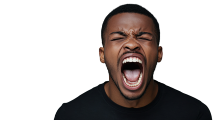 Young man shouting with transparent background: expressing extreme emotion