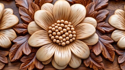 Intricate wood carving floral design, close-up detail