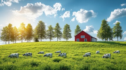 Cows graze idyllic pasture, red barn hillside, sunny day, farm scene, rural landscape