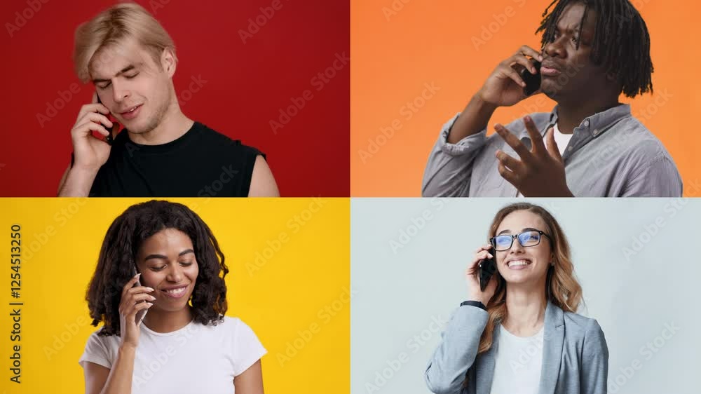 Poster four individuals of different backgrounds are talking on the phone against colorful backgrounds. the