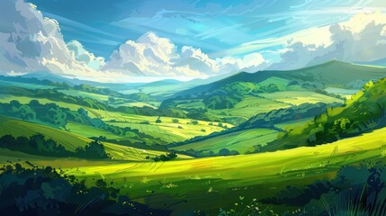 Fototapeta premium Illustration green fields or green hills landscape in bright blue sky background. AI generated image