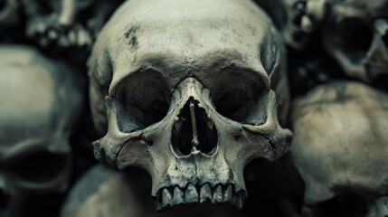 Close up of a human skull with a pile of skulls in the background
