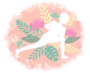 女性のヨガのポーズ。植物をイメージしたシルエット。ベクターイラスト素材。