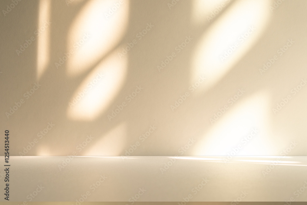 Poster Wall interior background, studio and backdrops show products. with leaf shadow from window color beige and white. background for text insertion and presentation of product	