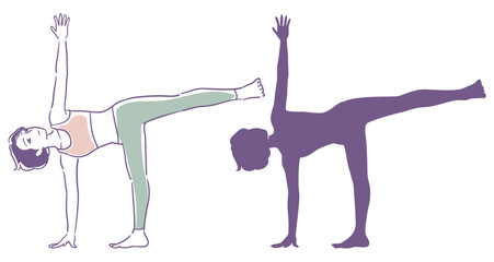 女性のヨガのポーズとそのシルエット。ベクターイラスト素材。
