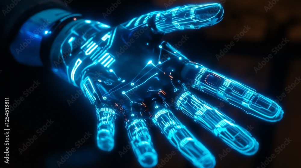 Poster futuristic robotic hand with glowing circuits and lines against a dark background