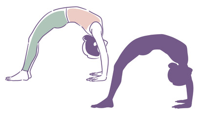 女性のヨガのポーズとそのシルエット。ベクターイラスト素材。