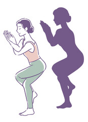 女性のヨガのポーズとそのシルエット。ベクターイラスト素材。
