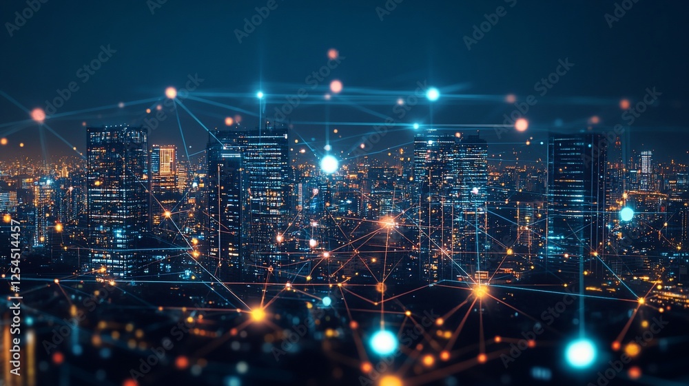 Poster abstract cityscape at night with connected network, representing data and communication