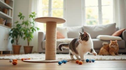 cat scratching post in a bright living room, surrounded by toys and a playful cat
