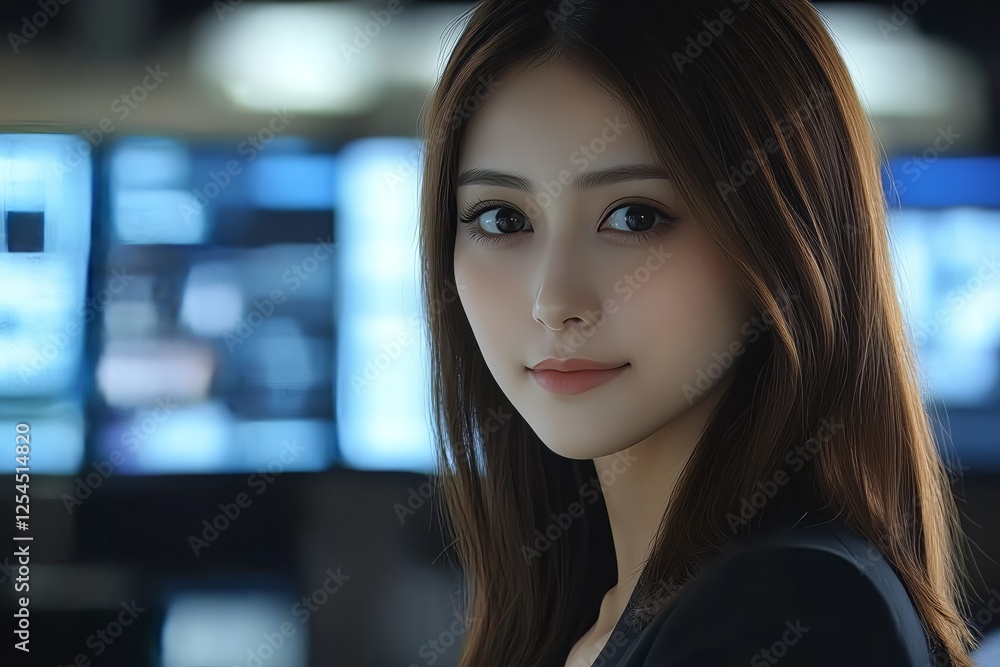 Aufkleber businesswoman from thailand smiling in control room with multiple screens displaying data and inform