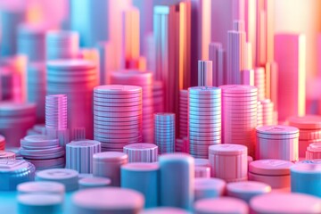 A vibrant, abstract depiction of stacked coins and tall structures, representing finance and urban growth in a colorful, futuristic setting.