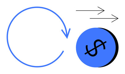 Blue circular arrow pointing towards dollar-sign in blue circle, black lines as arrows pointing right. Ideal for finance, growth, continuity, movement, investments, business strategies, economy