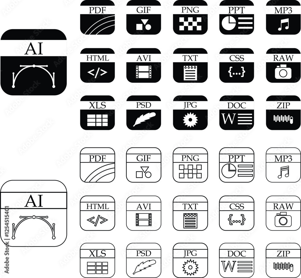 Poster file icons set. format of document on computer flat and outline symbols. audio extension graphic mul