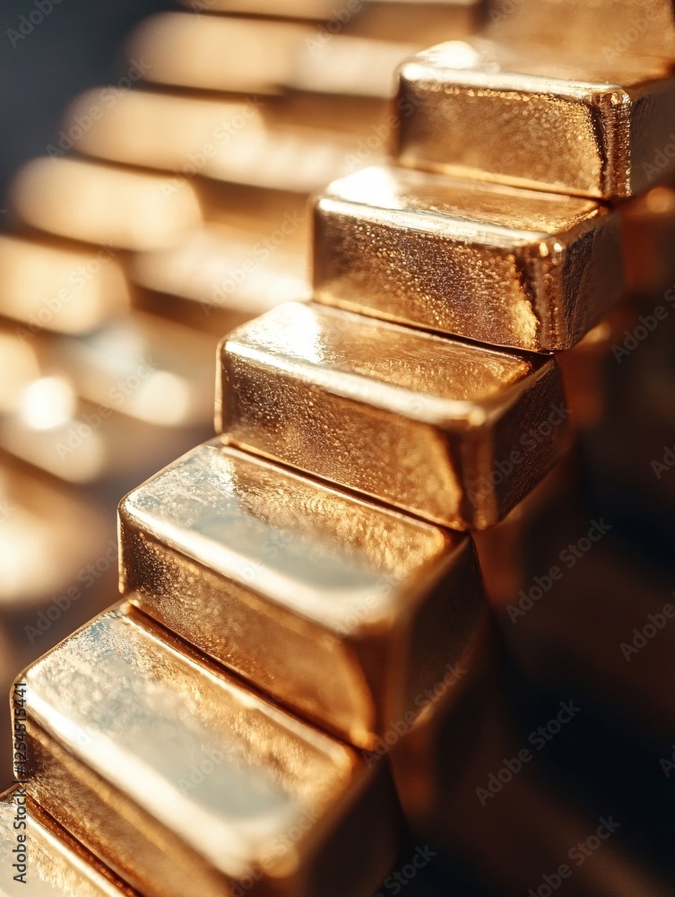 Aufkleber stacked gold bars in a row on dark background with warm light and shallow depth of field