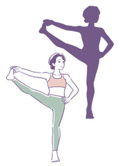 女性のヨガのポーズとそのシルエット。ベクターイラスト素材。