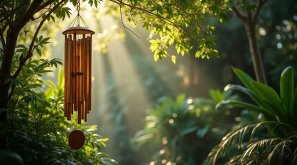 Bamboo wind chimes among tropical plants in a tranquil garden, sunlight casting soft shadows, natural breeze gently swaying the chimes.
