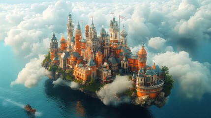 Obraz premium Floating castle city, ocean cloudscape, fantasy, game design