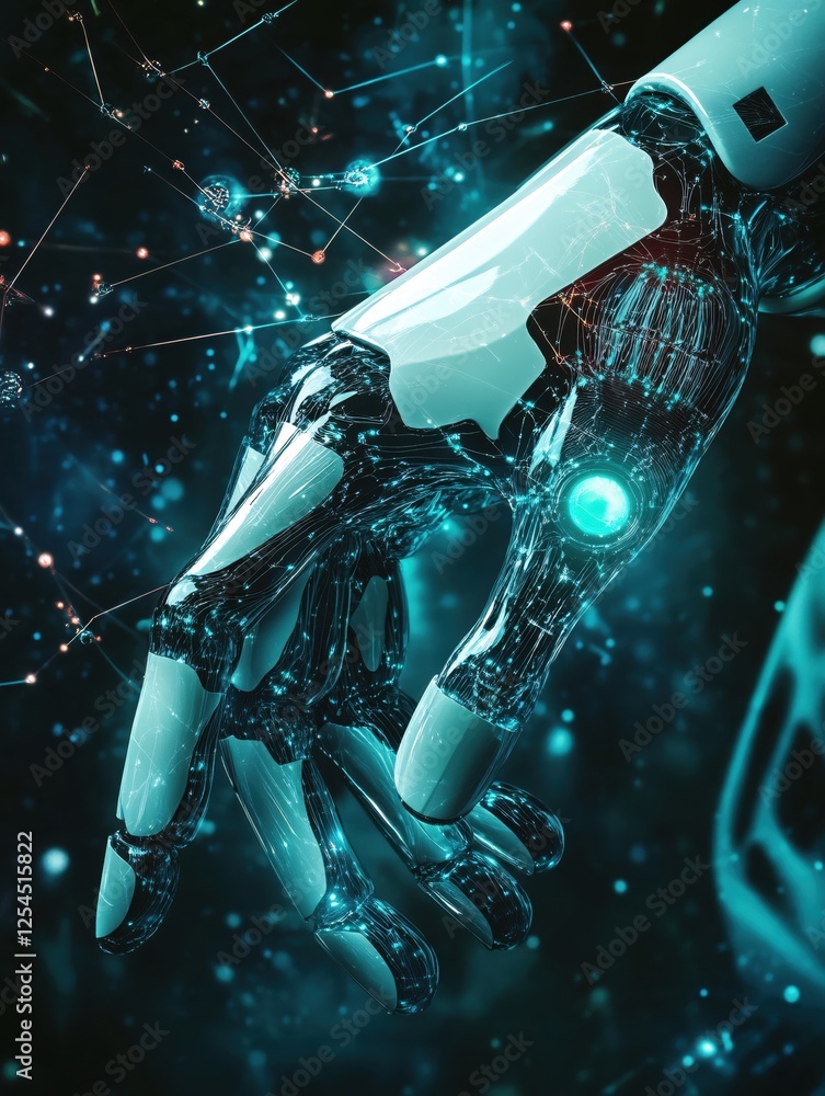 Poster robotic arm with glowing circuits and connected network in a futuristic dark background