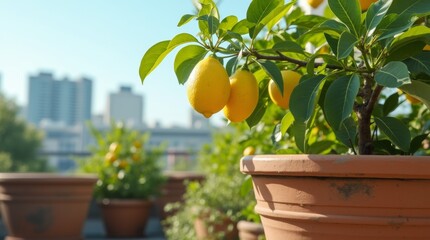 Lemon tree in a pot on a rooftop garden under clear sunlight, surrounded by a modern urban landscape and vibrant green leaves.