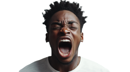 Young man screaming with closed eyes and transparent background