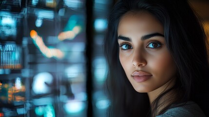 Indian businesswoman analyzing artificial intelligence data streams in a futuristic control room