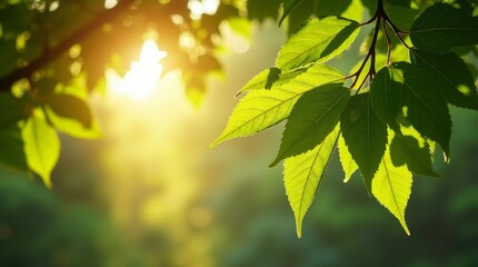 Obraz premium Tree branches with vibrant green leaves glowing in sunlight, peaceful and serene nature scene with bright natural light and lush foliage.